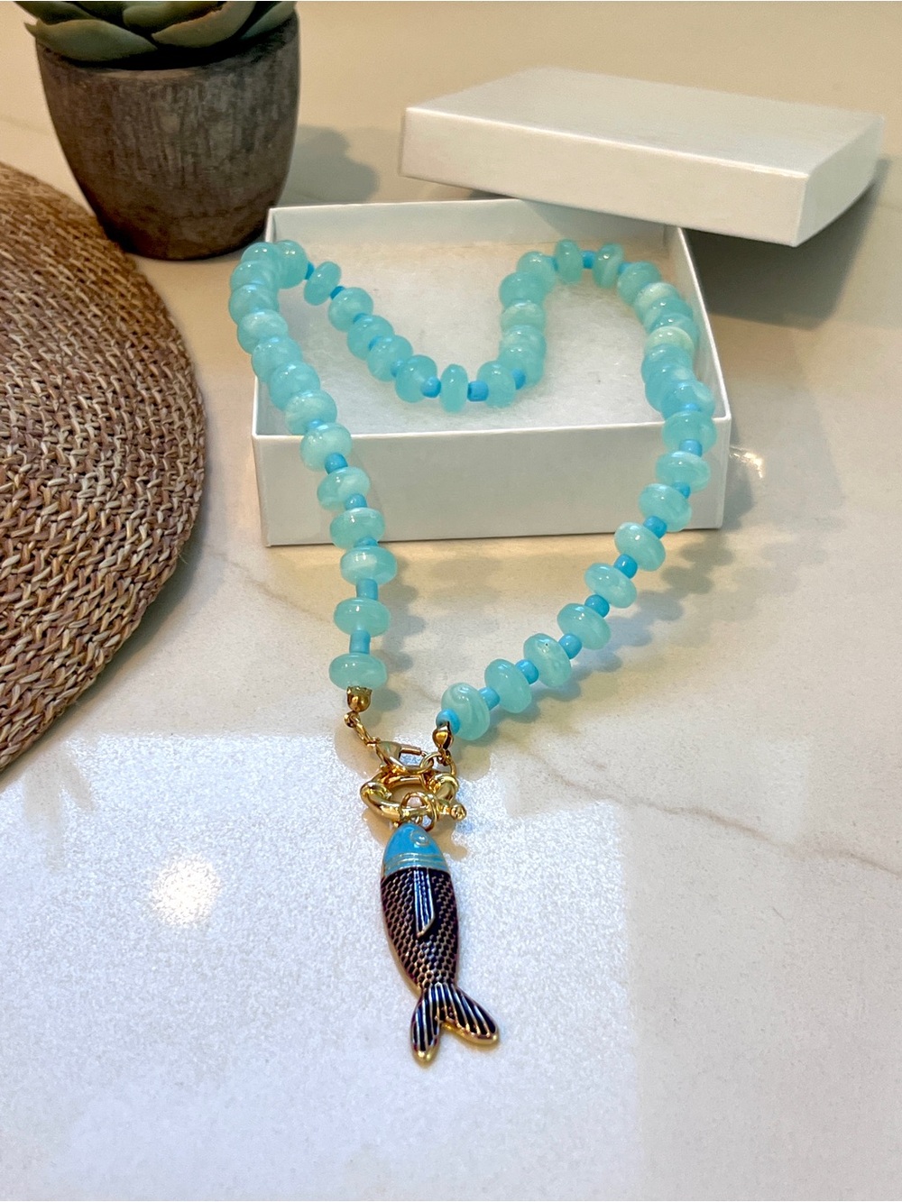 Aqua Beaded Fish Pendant Necklace